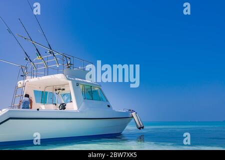 Bateau de pêche, bateau de pêche tropical avec des cannes dans l'océan bleu. Activité sportive d'été de luxe Banque D'Images