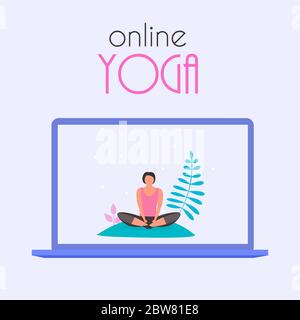 Concept de yoga en ligne avec ordinateur portable. Illustration vectorielle Illustration de Vecteur
