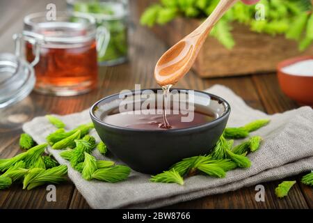 Sirop cuit ou miel de bouts d'épicéa dans un bol noir, pot de confiture ou de miel de bourgeons et aiguilles de sapin, brindilles de sapin sur table en bois. Création de spru Banque D'Images