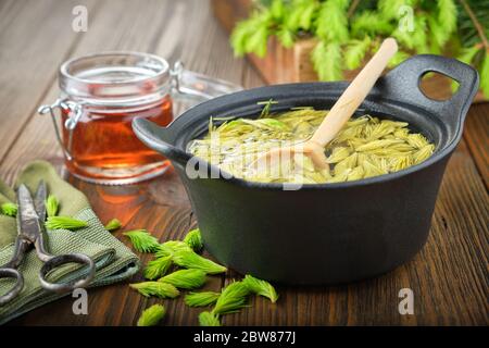 Bouts d'épinette cuits dans une casserole noire, pot de miel ou de sirop de bourgeons et aiguilles de sapin, branches de sapin sur table en bois. Faire de la confiture d'embouts d'épinette à la maison Banque D'Images