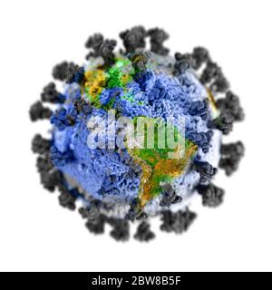 La planète Terre se transforme en virus Corona. Isolé sur fond blanc. Banque D'Images