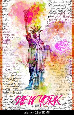Liberty Statue New York Pop Art Illustration - couleurs vives arc-en-ciel, jaune Pink Prange, Typographie Art graphique Banque D'Images