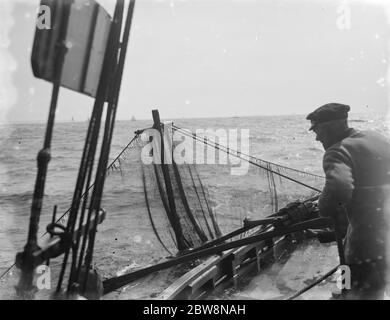 Une flotte de bateaux à crevettes avec leurs filets prêts à tomber avec le bord . 1936 Banque D'Images