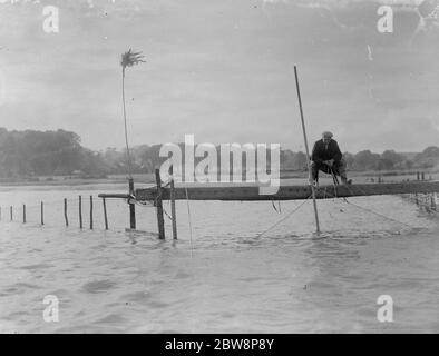 Pêche au saumon sur une jetée en Écosse . 1935 Banque D'Images