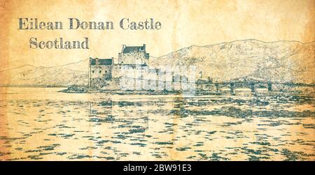 Croquis du château Eilean Donan en Écosse Banque D'Images