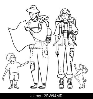 Dessin linéaire dessin de gribouillages famille touristique. Une fille dans un pantalon avec des poches et un sac à dos derrière elle pour voyager. Un homme dans un chapeau tient une carte Illustration de Vecteur