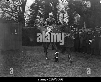 L'homme qui a décalé le monde du gazon il y a trente ans revient à la course à nouveau avec l'entrée française pour Grand National . M. J A Drake , un américain âgé qui, il y a trente ans, était le chef d'une ' invasion ' la plus remarquable ' du gazon britannique quand il a échelonné le monde des courses avec des coups de Paris totalisant £ 100 , 000 avec son cheval , Royal Flush , Est retourné tranquillement en Angleterre et aspire à gagner le Grand National avec le coup de chapeau , un cheval français de race à moitié , qui a été entraîné par Eric Stedall à Lewes . Coup de chapeau sur le parcours de Kempton où il a couru dans le procès de Coventry handicap Chase Banque D'Images