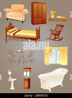 Collection de meubles, éléments vectoriels, tour de bain, lavabo, table d'amour, rideau chaise à bascule lit table canapé armoire Illustration de Vecteur