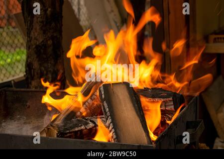 Vue rapprochée du feu de bois de barbecue Banque D'Images