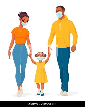 Famille afro-américaine portant des masques pour protéger de Covid-19. Illustration vectorielle. Illustration de Vecteur