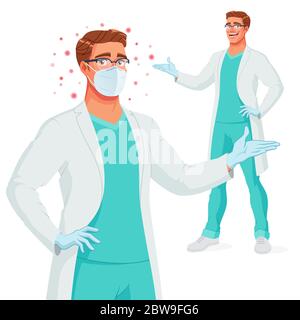 Sourire médecin dans une robe médicale, masque, gants de présentation. Protection contre Covid-19. Illustration vectorielle. Illustration de Vecteur