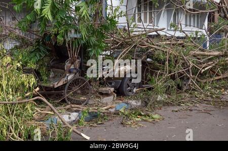 Voiture écrasée avec tronc d'arbre tombé après la grave tempête cyclonique 'Amphan' grève de chute à Kolkata ville Inde Banque D'Images