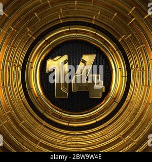 Numéro d'or 14 (numéro quatorze) avec fond en métal noir perforé et anneaux dorés. Illustration 3D Banque D'Images