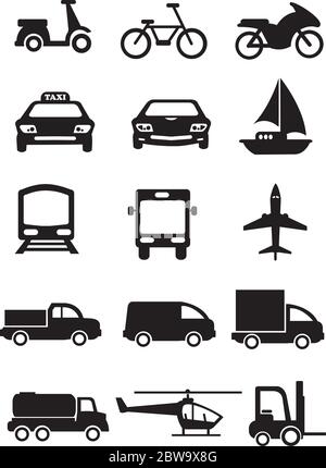 Icônes vectorielles de véhicules pour différents modes de transport. Icônes noires isolées sur fond blanc. Illustration de Vecteur
