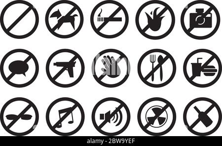 Illustration vectorielle des signes « non » pour différentes activités interdites. Isolé sur fond blanc. Illustration de Vecteur