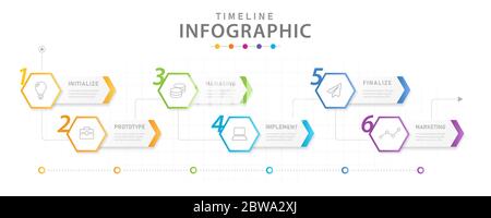 Modèle d'infographie pour les entreprises, diagramme de la chronologie moderne en 6 étapes avec planificateur de processus. Illustration de Vecteur