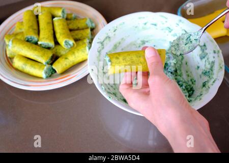 Préparation maison de cannelloni typiquement italien avec ricotta et épinards. Ils sont entièrement végétariens. Banque D'Images