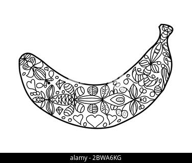 Une banane avec un ornement floral symétrique abstrait de coeur coloriage page sur un fond blanc Illustration de Vecteur