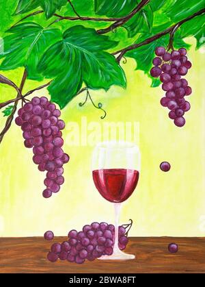 Peinture acrylique originale de raisins sur une vigne et verre de vin rouge sur toile.Impressionnisme moderne, modernisme, marinisme Banque D'Images