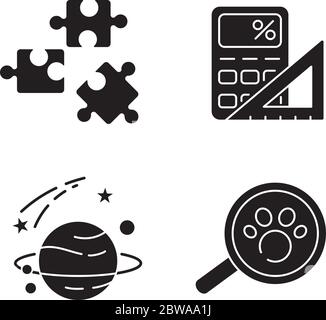 Sciences naturelles et formelles icônes de glyphe noir sur l'espace blanc Illustration de Vecteur