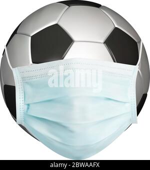 Ballon de football dans masque. protection contre le virus corona. Isolé sur fond blanc. Illustration de Vecteur