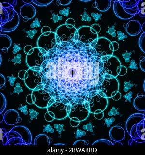 Arrière-plan fractal abstrait avec un mandala fait d'un anneau lumineux sur un fond sombre. Banque D'Images