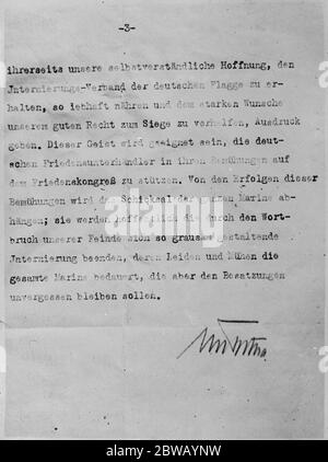 Copie de la lettre adressée par l'amiral Von Tartha à l'amiral von Reuter concernant le naufrage de la Marine impériale allemande à Scaa Flow 3 page 9 décembre 1919 Banque D'Images