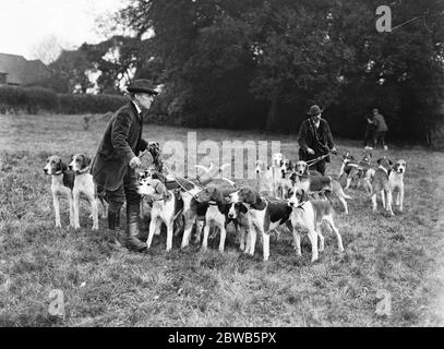 Rencontre des staghounds de la Nouvelle forêt à Fountain court , Brook . Forestmen avec le paquet de procéder à dessiner . 20 novembre 1922 Banque D'Images