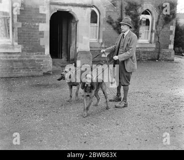 Détectives de chiens . Essais de chasse à Savernake . Le colonel Johnson avec ses sang , Earnley Suzanne et Earley Sentinel . 26 septembre 1922 Banque D'Images