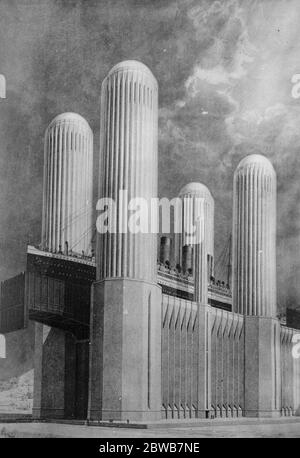 Pour soulever un navire à deux cents pieds . Cette photo montre un remarquable dispositif de levage de navire pour le canal de liaison entre les lacs Érié et Ontario . Une caractéristique de la conception est l'emploi de quatre grands ' flotteurs ' dans quatre grandes tours d'eau , dont le berceau porte le navire porté sur ces flotteurs . 19 juin 1924 Banque D'Images