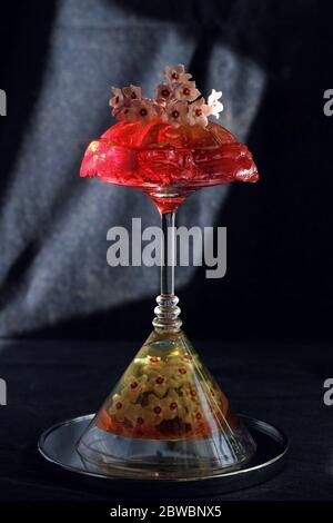 Dessert en gelée douce, cuisine design, repas créatifs avec fleurs de vanille d'humeur sombre sur fond noir Banque D'Images