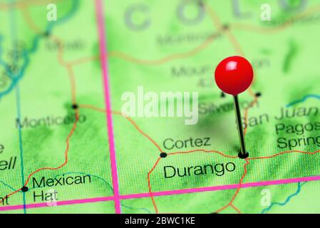 Durango a épinglé sur une carte du Colorado, Etats-Unis Banque D'Images