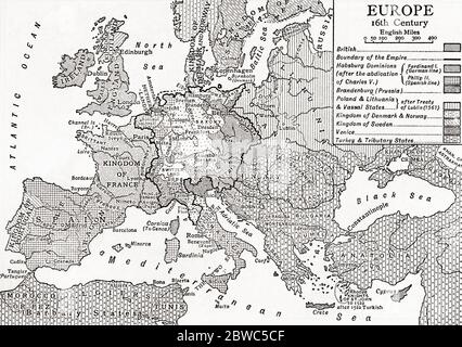 Carte de l'Europe au XVIe siècle. De la Grande-Bretagne et de ses voisins, 1485 - 1688, publié 1923. Banque D'Images