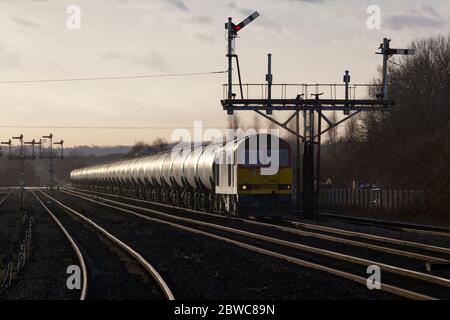 DB locomotive diesel de classe 60 de fret transportant un long train de marchandises de réservoirs d'huile par les signaux mécaniques du sémaphore à Wrawby Junction, Barnetby Banque D'Images