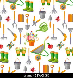 Motif sans couture avec outils de jardinage sur fond blanc. Toile de fond avec équipement pour la culture des cultures, le travail agricole et la culture des plantes. Illustration de Vecteur