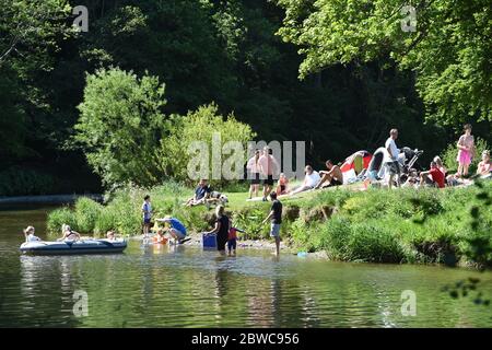 Peebles Scottish Borders, Royaume-Uni .31 mai 20 . Au soleil sur le parc Hay Lodge, les visiteurs et les habitants de la région apprécient la baignade par beau temps et le pique-nique au bord de la rivière Tweed. Crédit : eric mccowat/Alay Live News Banque D'Images