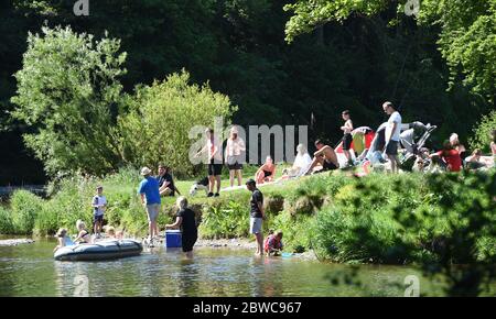 Peebles Scottish Borders, Royaume-Uni .31 mai 20 . Au soleil sur le parc Hay Lodge, les visiteurs et les habitants de la région apprécient la baignade par beau temps et le pique-nique au bord de la rivière Tweed. Crédit : eric mccowat/Alay Live News Banque D'Images