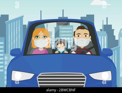 Voiture de conduite famille mâle femme bébé caucasien avec masque gants blancs tenant le volant dans la voiture bleue avec la ville dans le fond Illustration de Vecteur
