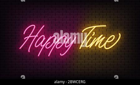 Happy time au néon, lettrage. Texte néon de Happy Time sur fond de brique noire. Lumières vives rose et jaune de nuit. Mot, inscription et titre avec gl Illustration de Vecteur