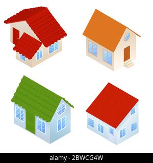 ensemble de maisons de dessin animé de différentes couleurs. maisons mignonnes dans l'illustration vectorielle de style isométrique. Illustration de Vecteur