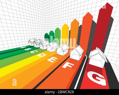 sept maisons individuelles certifiées dans sept classes énergétiques dans un diagramme de flèche d'affaires ou infographics Illustration de Vecteur