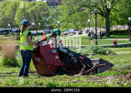 St. Paul, Minnesota. Les ouvriers du bâtiment portant des masques pour se protéger du coronavirus retravaillent le paysage sur le terrain du capitole. Banque D'Images