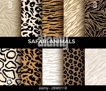 Imprimé animal fourrure motifs sans couture, léopard, tigre et zébra fonds sans coutures, texture vectorielle abstraite. Animaux africains fourrure, camouflage jungle peau cheveux modèles, simple plat brun, beige ensemble Illustration de Vecteur
