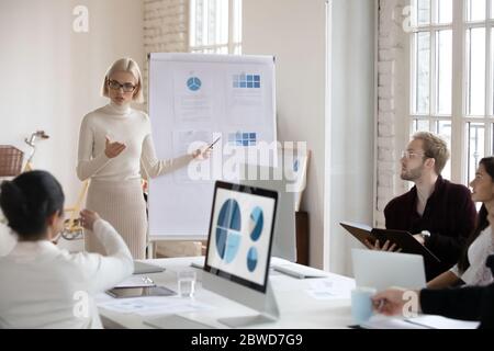 Conférencier millénaire en lunettes expliquant la stratégie marketing aux collègues. Banque D'Images