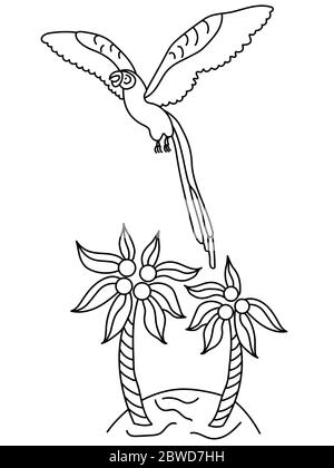 Un perroquet de macaw coloré survole une île avec des palmiers. Illustration vectorielle noir et blanc en style dessin animé. Circuit Illustration de Vecteur