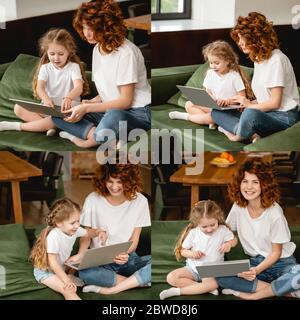 collage de mère gaie à tête rouge utilisant des ordinateurs portables avec une fille mignonne dans le salon Banque D'Images