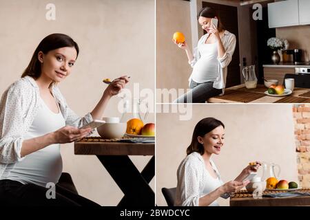 collage de la femme heureuse et enceinte utilisant des smartphones près de savoureux petit déjeuner Banque D'Images