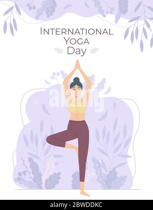 Affiche de la Journée internationale de yoga. La jeune fille pose dans l'arbre sur un fond abstrait de fleurs et de feuilles. Peut être utilisé pour le Web, les réseaux sociaux. Santé, pilates, sport Illustration de Vecteur