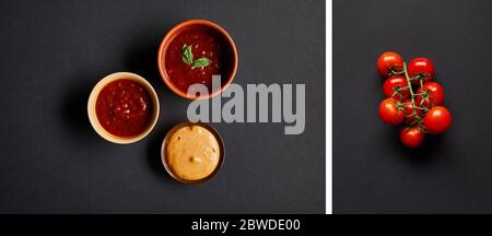 collage de bols avec sauces tomate et moutarde près des tomates cerises sur fond noir Banque D'Images