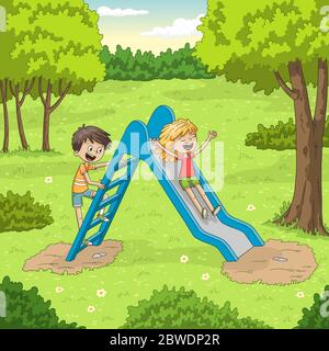 Deux enfants jouent dans le jardin. Illustration vectorielle avec calques séparés. Illustration de Vecteur